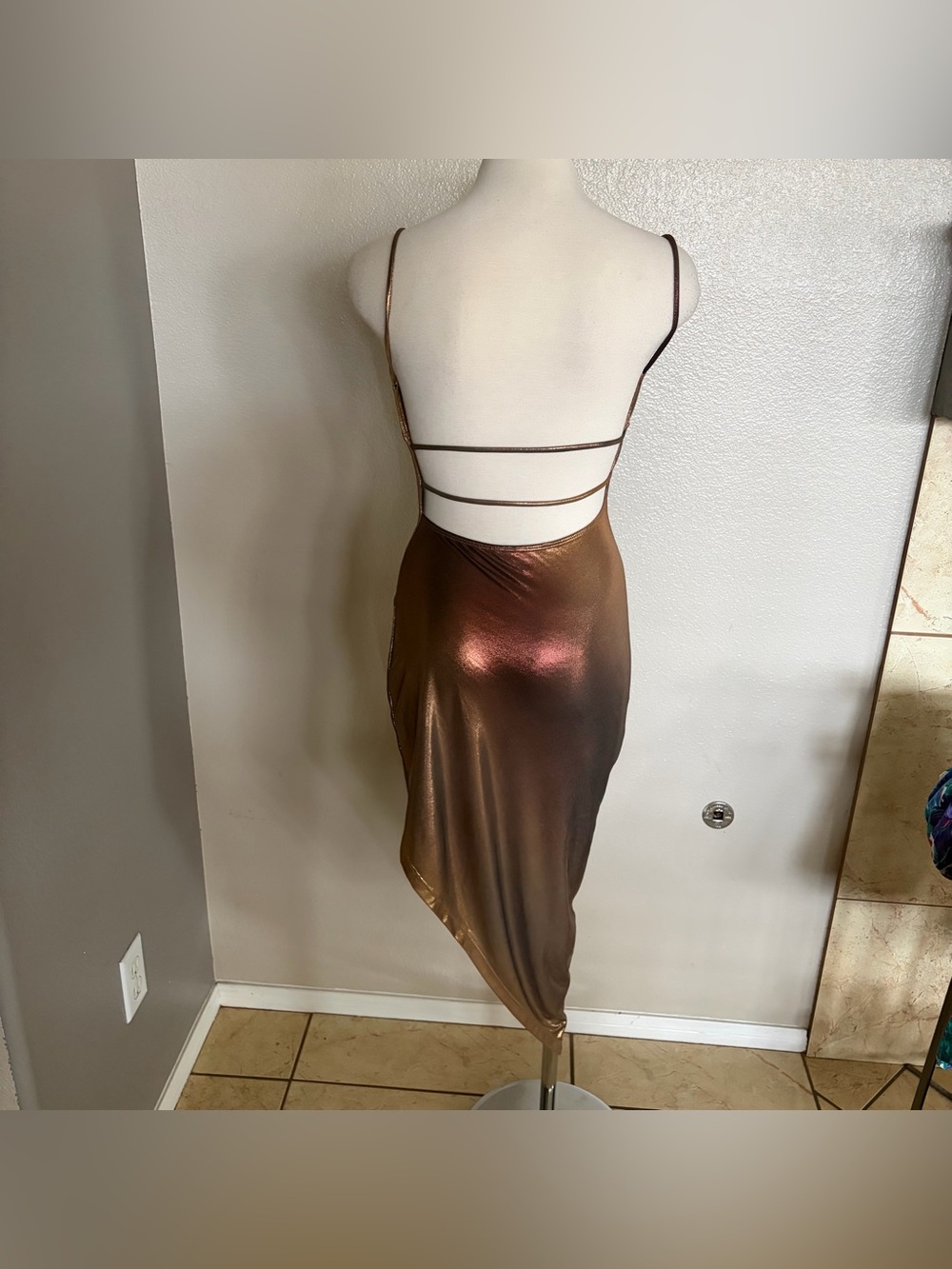 Lovely Day Metallic Bronze-Gold Asymmetrical Slip Dress - Picture 7 of 11